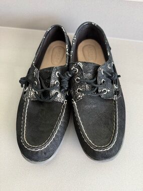 Sperry Women's Black Nubuck Leather Boat Shoes Metallic Snake Trim Size 10M